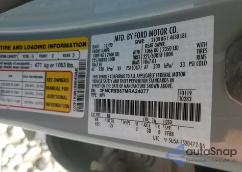 2021 Ford Bronco Sport Big Bend из США, поврежденный, VIN 3FMCR9B67MRA24077